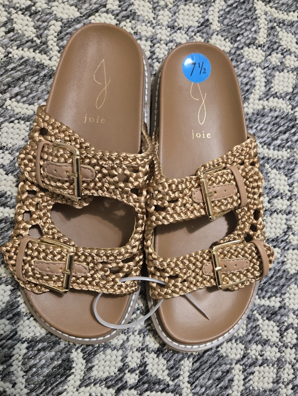 Joie Braided Tan-Gold Double Buckle Slide Sandals